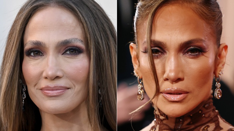 Jennifer Lopez on two red carpets with full brows in 2026, side by side photos