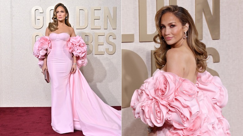 Jennifer Lopez at the 2024 Golden Globe Awards, wearing a flowery, pink dress