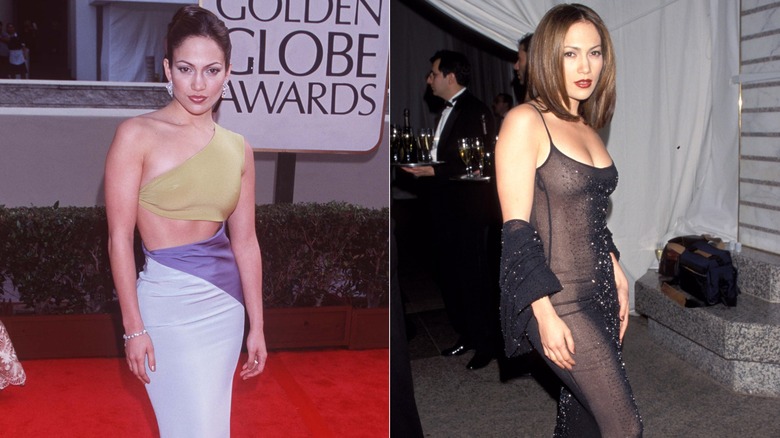 Jennifer Lopez at the 1998 Golden Globes & at the 1998 CFDA Awards, side by side photos
