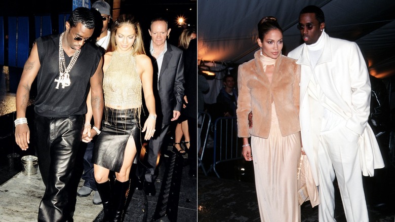 Jennifer Lopez attending two events with P Diddy in 1999, side by side photos
