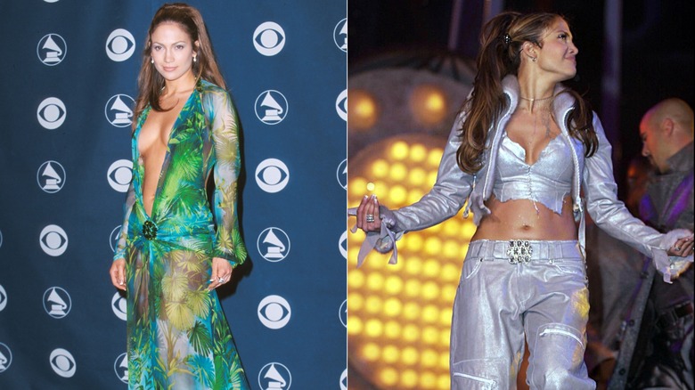 Jennifer Lopez in a Versace dress at the 2000 Grammys and performing in a silver two-piece look, side by side photos