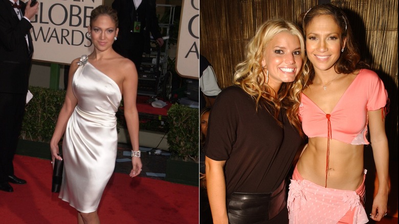 Jennifer Lopez at the 2001 Golden Globes and with Jessica Simpson at a party that year, side by side photos