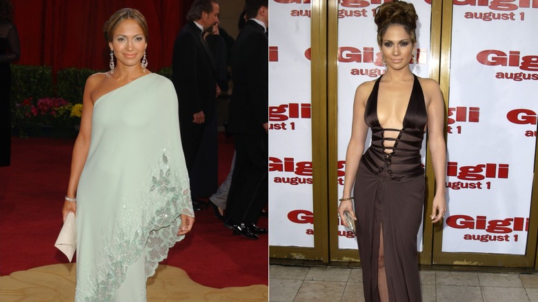 Jennifer Lopez at the 2003 Oscars and the Gigli red carpet, side by side photos