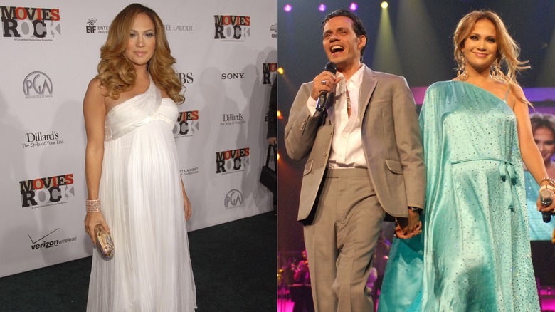 Jennifer Lopez in a white dress on the red carpet and performing with Marc Anthony in 2007, side by side photos