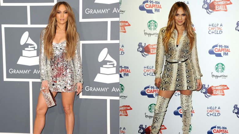 Jennifer Lopez on two red carpets in short dresses in 2011, side by side photos