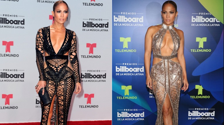 Jennifer Lopez in two revealing dresses at the 2017 Billboard Latin Music Awards, side by side photos