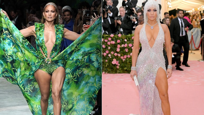 Jennifer Lopez in a reworked version of her Verscae dress and on the Met Gala red carpet in 2019, side by side photos