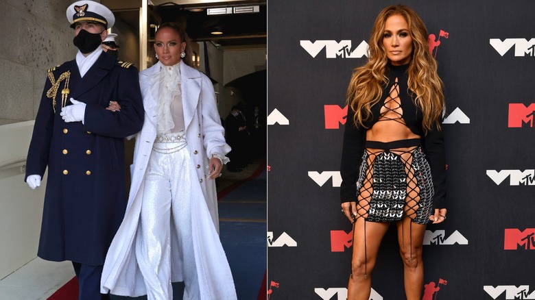 Jennifer Lopez with a soldier at Joe Biden's inauguration and on the MTV VMAs red carpet in 2021, side by side photos