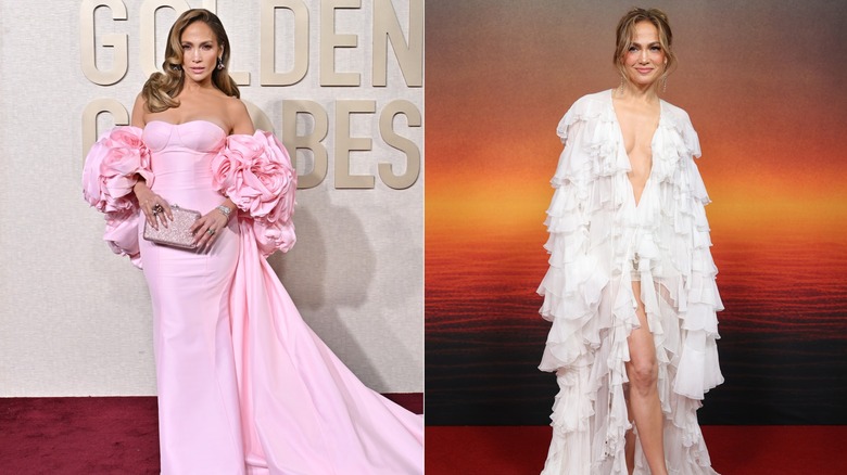 Jennifer Lopez on the 2024 Golden Globes red carpet and on the red carpet in Mexico that year, side by side photos