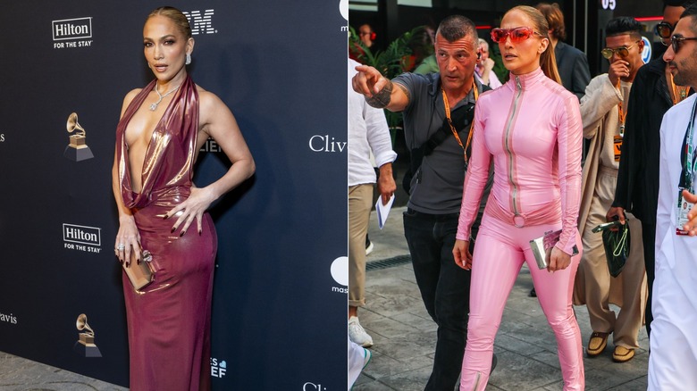 Jennifer Lopez in a plunging dress at a 2025 pre-Grammy gala and in a pink catsuit at an F1 race, side by side photos