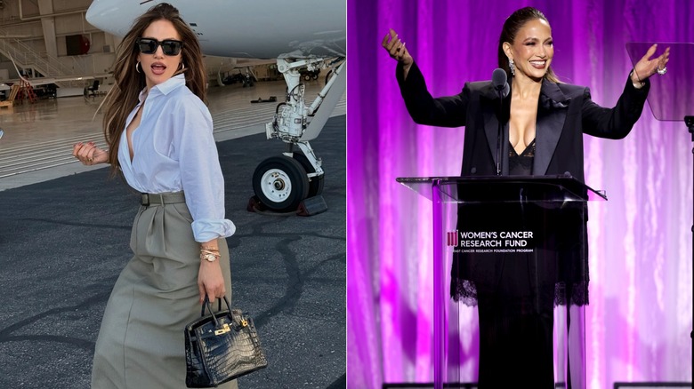 Jennifer Lopez in a shirt and long skirt and in a black suit in 2026, side by side photos