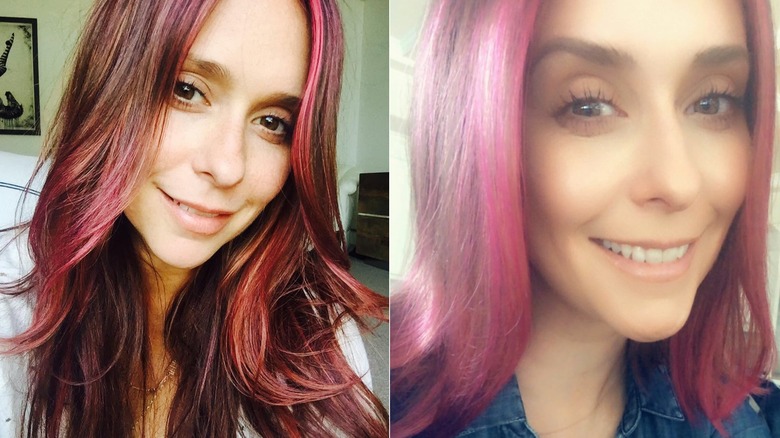 Jennifer Love Hewitt smiling in selfies with pink hair in 2015 and 2021