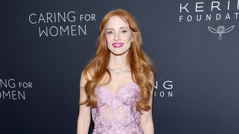 Jessica Chastain in a lavender gown with long hair