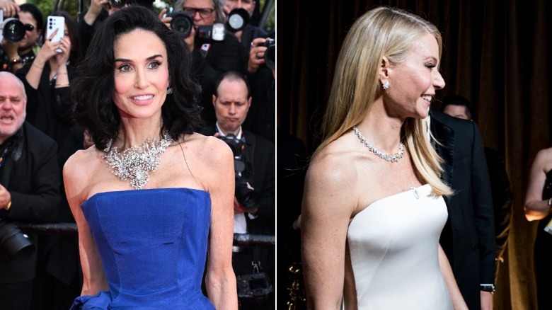 Demi Moore wearing a bib necklace at the Cannes Film Festival and Gwyneth Paltrow wearing a stunning necklace at the Oscars