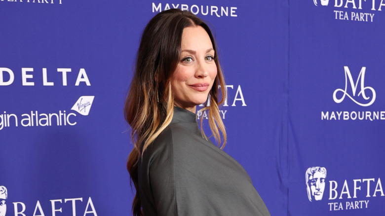 Kaley Cuoco in dark gray dress posing on carpet