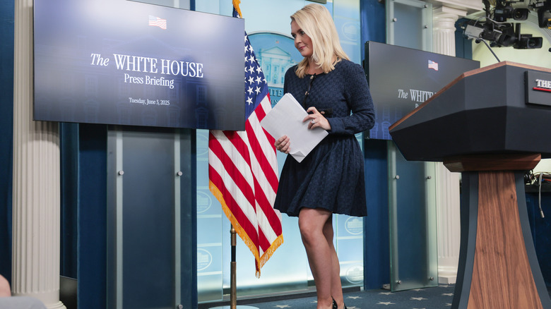 White House press secretary Karoline Leavitt departs after a press briefing