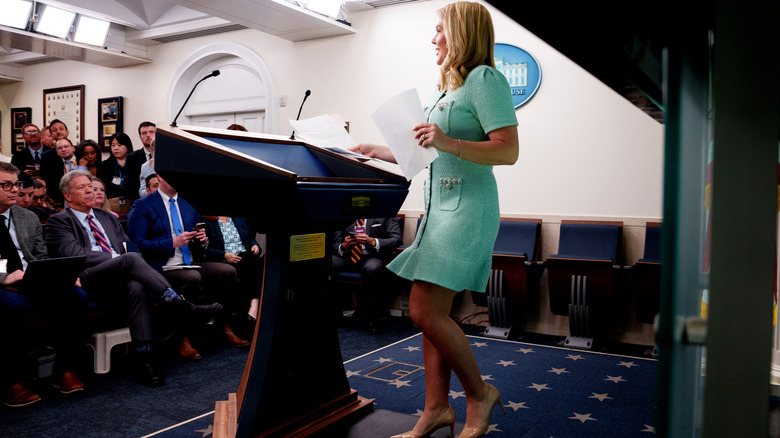 White House Press Secretary Karoline Leavitt arrives for the daily press briefing at the White House on March 11, 2025 in Washington, DC.