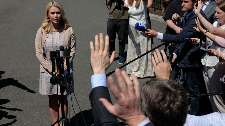 White House Press Secretary Karoline Leavitt talks to reporters