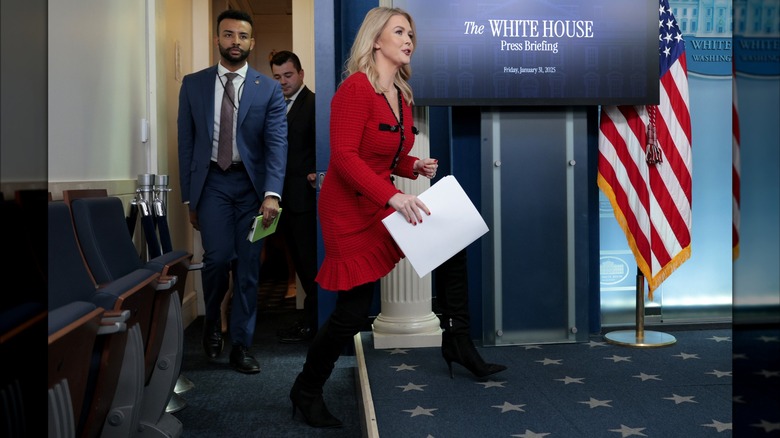 White House Press Secretary Karoline Leavitt arrives for a news conference