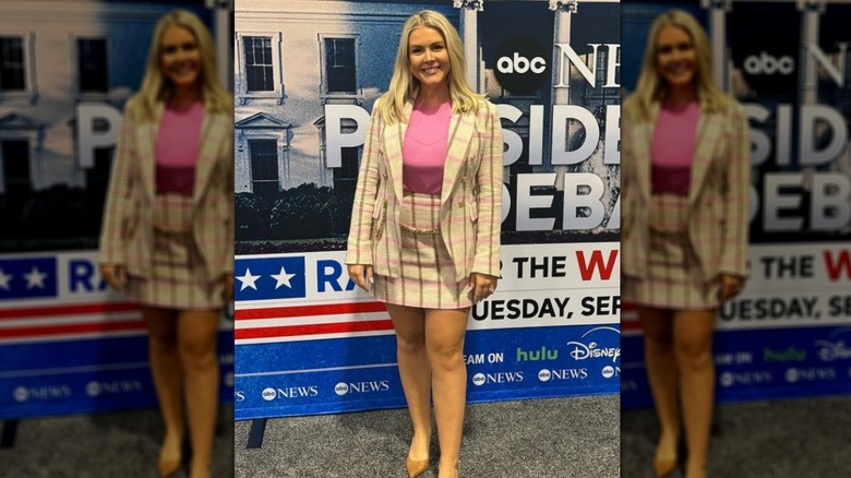 karoline leavitt dressed in a pink plaid suit