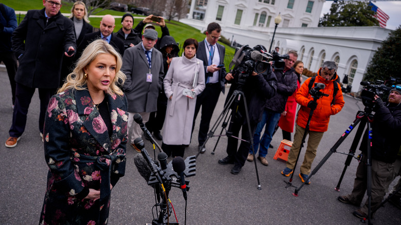 Karoline Leavitt speaking with reporters at The White House