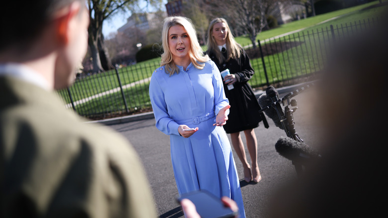 Karoline Leavitt in a pastel blue dress in March 2025