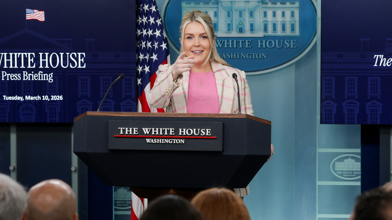 Karoline Leavitt takes questions during a news briefing in the James S. Brady Press Briefing Room of the White House on January 07, 2026 in Washington, DC