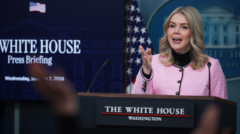 Karoline Leavitt in a pink jacket on January 07, 2026 in Washington, DC
