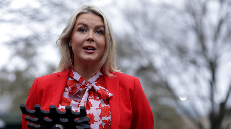 Karoline Leavitt speaks to members of the media