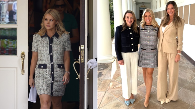 A photo of Karoline Leavitt walking out of the White House in a short dress and a photo on Instagram of Leavitt standing with two other women