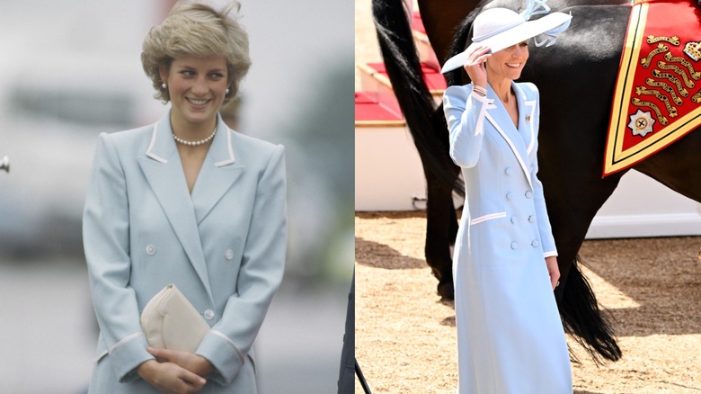 The Princess of Wales wearing blue and white blazer jacket alongside Princess Diana in similar coat