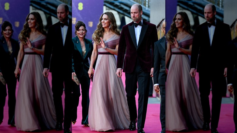 Kate Middleton on the BAFTA red carpet in a pink dress alongside William, Prince of Wales