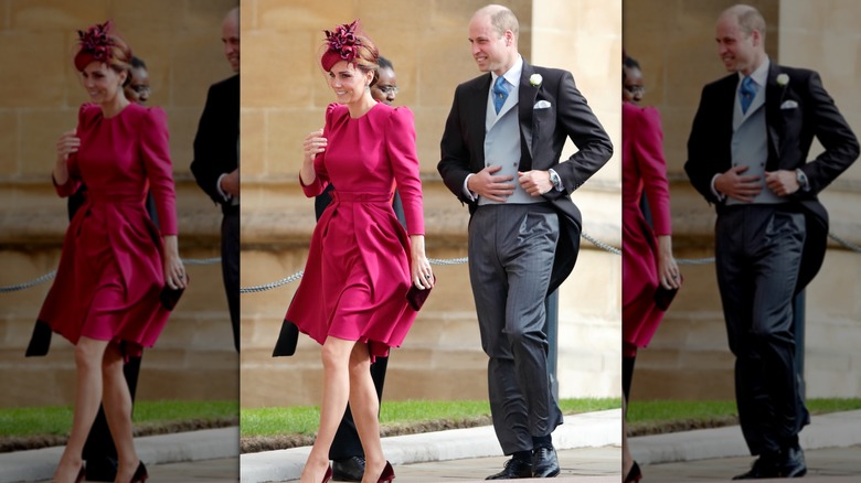 Catherine in raspberry pink/red and Prince William at Princess Eugenie's wedding