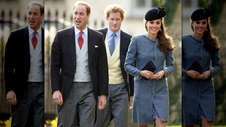Prince William, Duke of Cambridge, Prince Harry and Catherine, Duchess of Cambridge attend the wedding of Lucy Meade and Charlie Budgett at the church of St. Mary the Virgin, Marshfield on March 29, 2014 in Chippenham, England