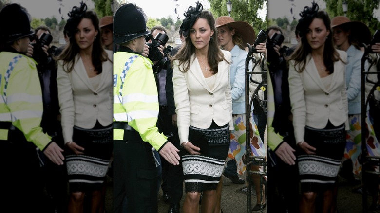 Kate Middleton arrives at the society wedding of Hugh Van Cutsem Jr. to Rose Astor at Burford Church on June 4, 2005 in Burford, England.