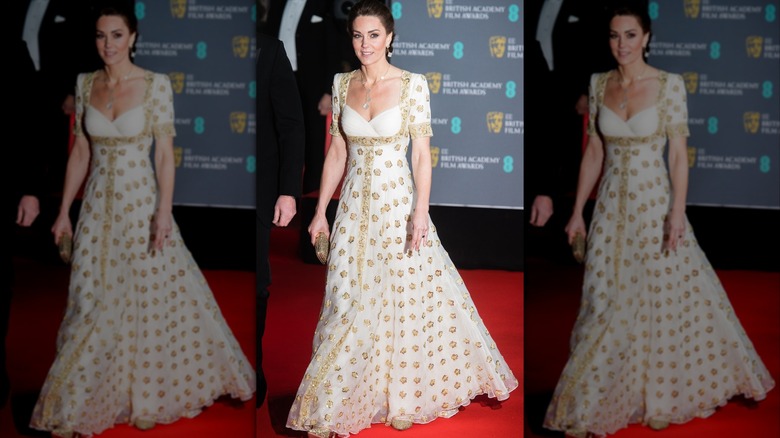 Kate Middleton at the 2020 BAFTAs in a white and gold dress