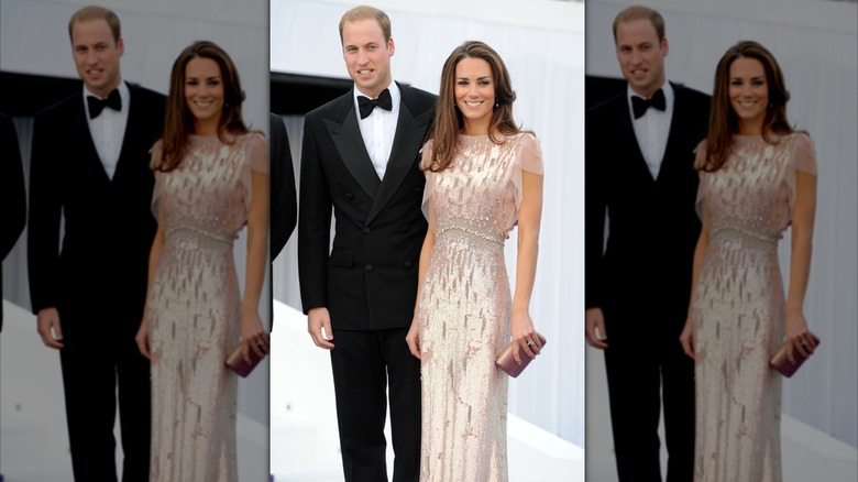 Kate Middleton in a pink sequin dress with Prince William in a tuxedo at an event