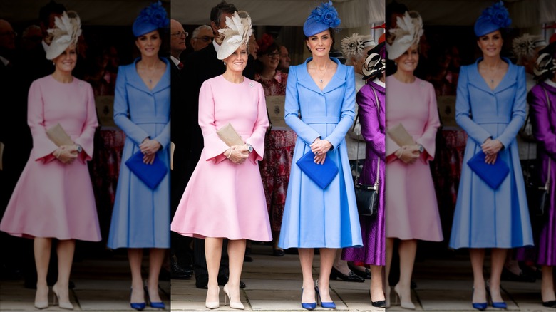 Kate Middleton and Sophie Wessex standing outside the church at the the Order of the Garter service