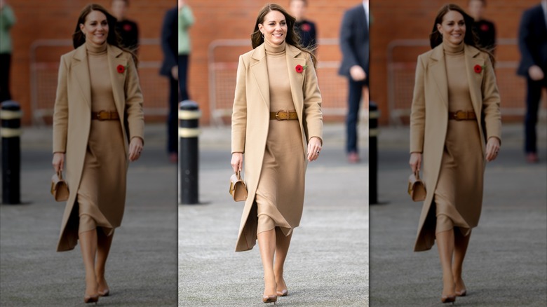 Kate Middleton in a beige outfit and shoes at an event