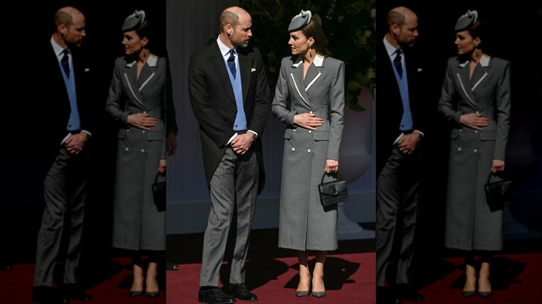 Kate Middleton in gray and Prince William in a suit at an event
