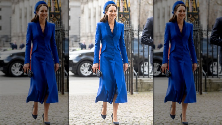 Kate Middleton in a blue dress and hat at an event outside