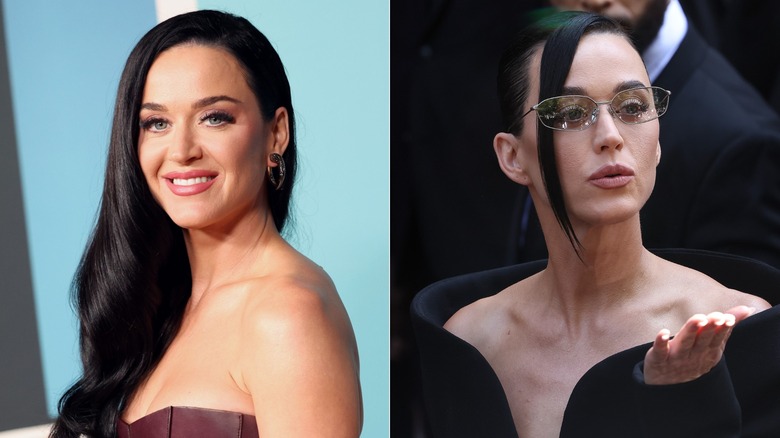 Split picture of Katy Perry in 2024 in a red strapless dress and in a black dress with glasses in 2025