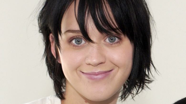 Katy Perry smiling with dark hair and minimal makeup in 2002