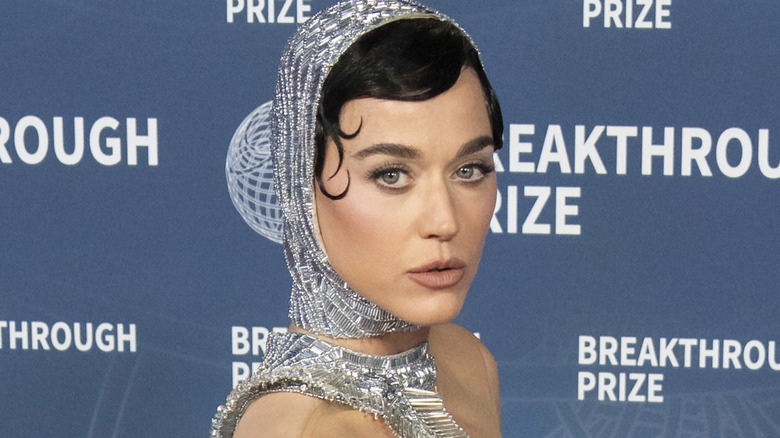 Katy Perry posing on the red carpet in a silver hood and pursing her lips