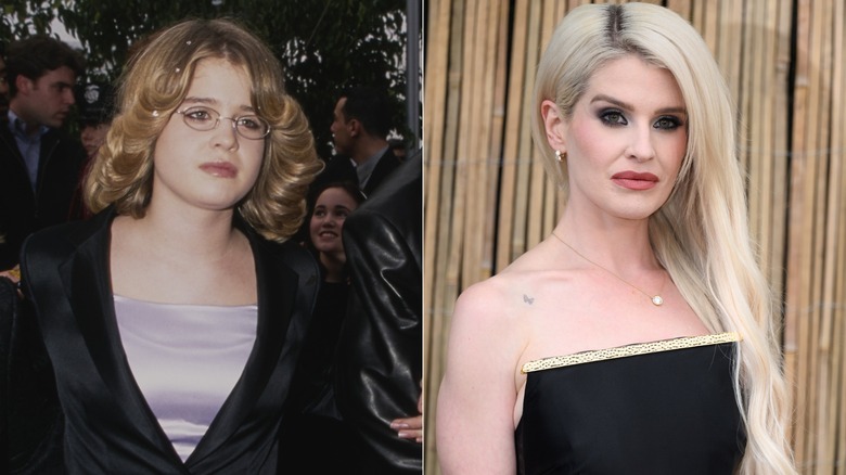 Split image of Kelly Osbourne with her natural hair color in 2000 and platinum blonde hair in 2025