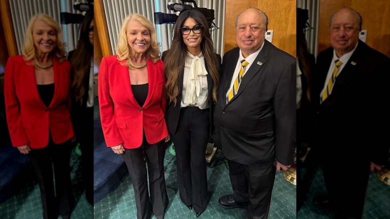 Kimberly Guilfoyle in a blouse and pants in 2025