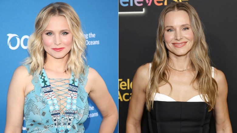 Split image of Kristen Bell with bright blonde and dirty blonde hair