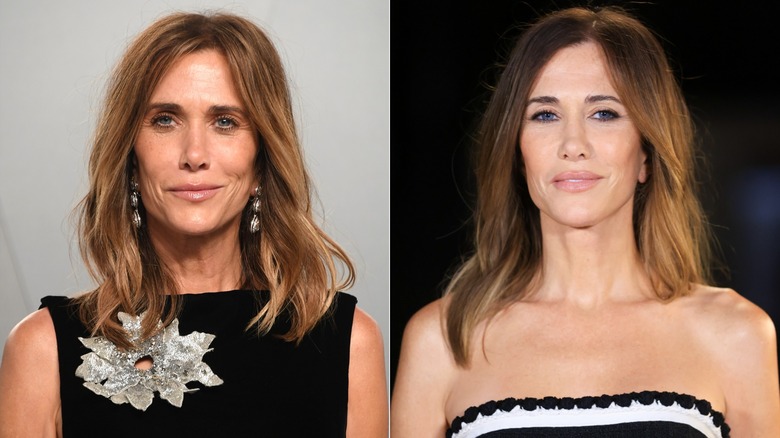 Split image of Kristen Wiig comparing her most recent brunette ombre hairstyles