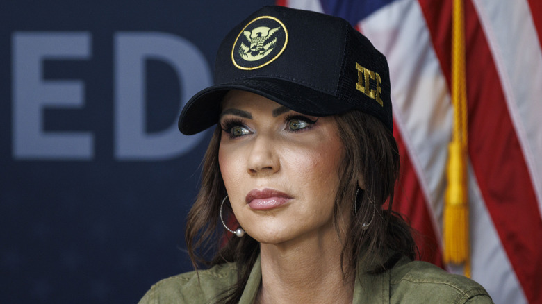 Kristi Noem addressing journalists at a press conference