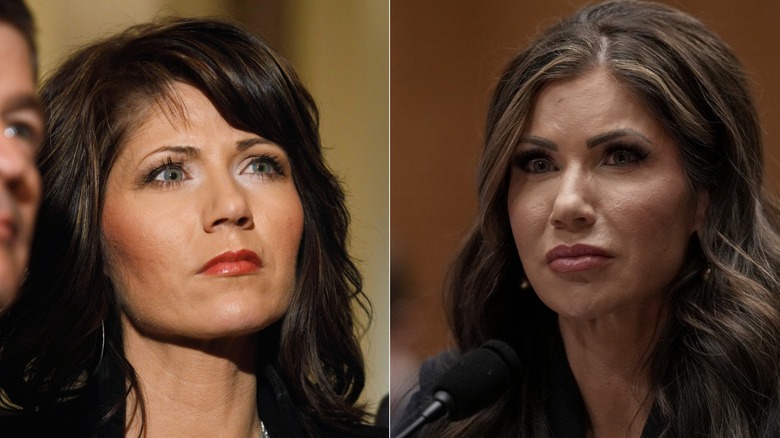 Two separate images of Kristi Noem with both of her looking away from the camera